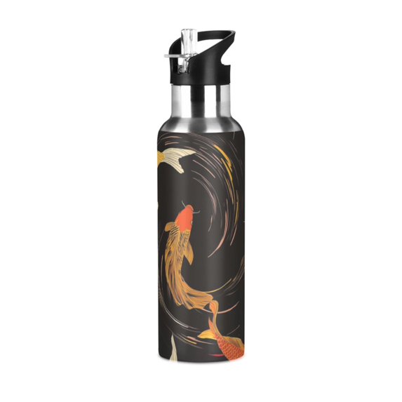 Yayeee 33oz Insulated Water Bottle Double Wall Stainless Steel with Flip Straw Lid, Black Fish Pattern