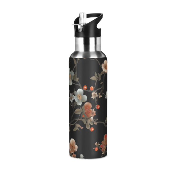 Yayeee 33oz Double Wall Stainless Steel Water Bottle with Flip Straw, Black Flowers