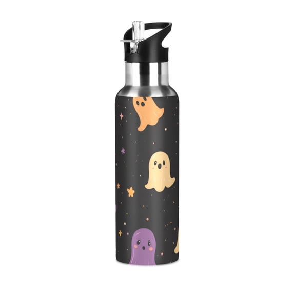 Yayeee 33oz Insulated Water Bottle Double Wall Stainless Steel with Flip Straw Lid, Black Halloween Ghosts