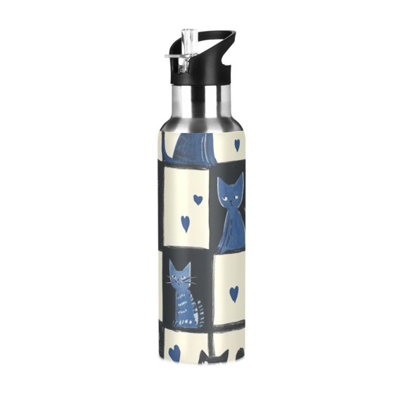 Yayeee 33oz Insulated Water Bottle Double Wall Stainless Steel with Flip Straw Lid, Black and Blue Cat