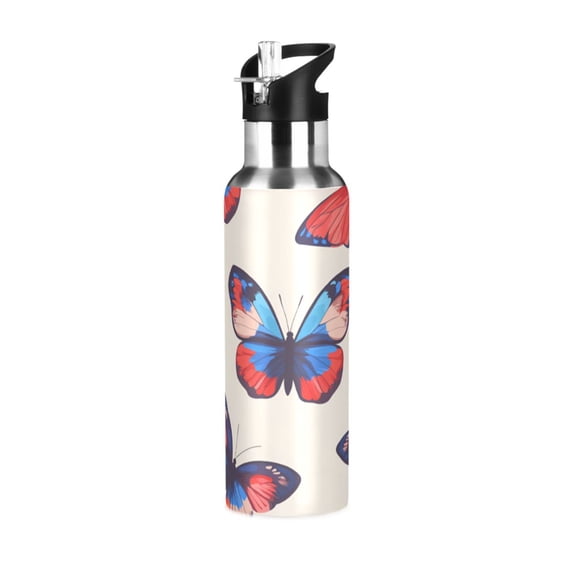 Yayeee 33oz Insulated Water Bottle Double Wall Stainless Steel with Flip Straw Lid, Blue Butterflies