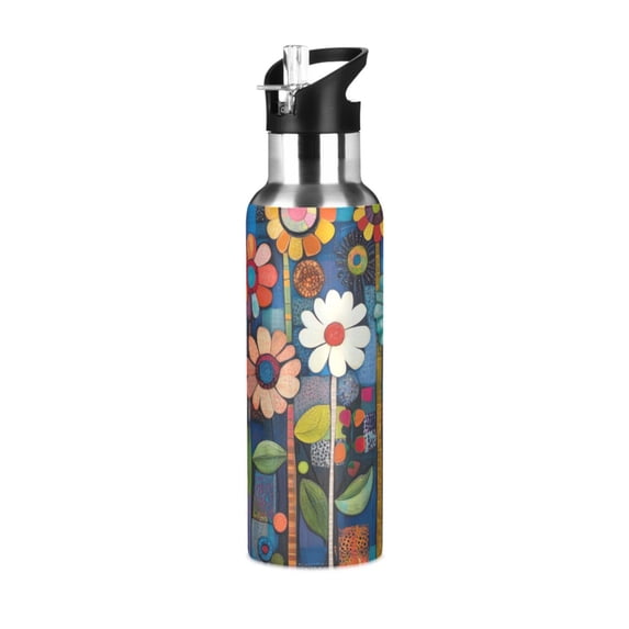 Yayeee 33oz Insulated Water Bottle Double Wall Stainless Steel with Flip Straw Lid, Blue Colorful Flowers
