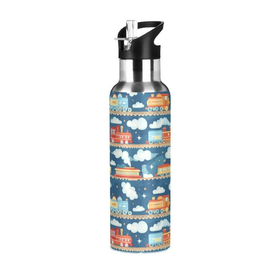 Yayeee 33oz Insulated Water Bottle Double Wall Stainless Steel with Flip Straw Lid, Blue Cute Train Pattern