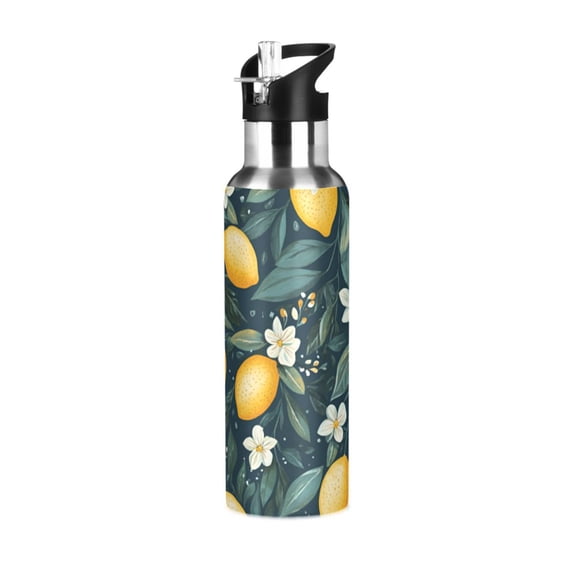 Yayeee 33oz Insulated Water Bottle Double Wall Stainless Steel with Flip Straw Lid, Blue Floral Lemons