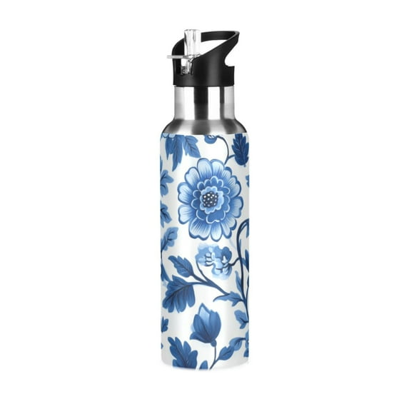 Yayeee 33oz Double Wall Stainless Steel Water Bottle with Flip Straw, Blue Floral Pattern