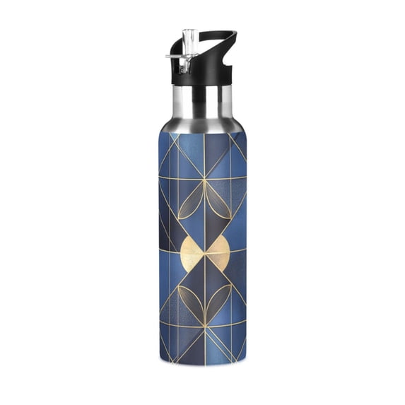 Yayeee 33oz Insulated Water Bottle Double Wall Stainless Steel with Flip Straw Lid, Blue Geometric Pattern