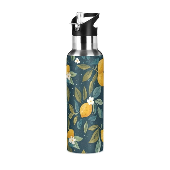Yayeee 33oz Insulated Water Bottle Double Wall Stainless Steel with Flip Straw Lid, Blue Lemons