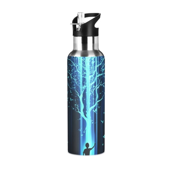 Yayeee 33oz Insulated Water Bottle Double Wall Stainless Steel with Flip Straw Lid, Blue Tree