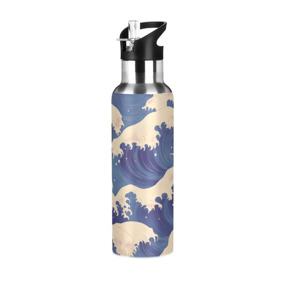 Yayeee 33oz Insulated Water Bottle Double Wall Stainless Steel with Flip Straw Lid, Blue Wave Pattern