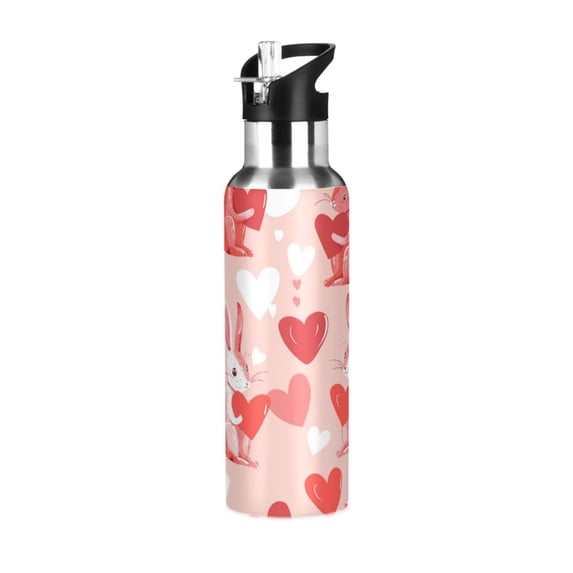 Yayeee 33oz Insulated Water Bottle Double Wall Stainless Steel with Flip Straw Lid, Bunnies and Hearts
