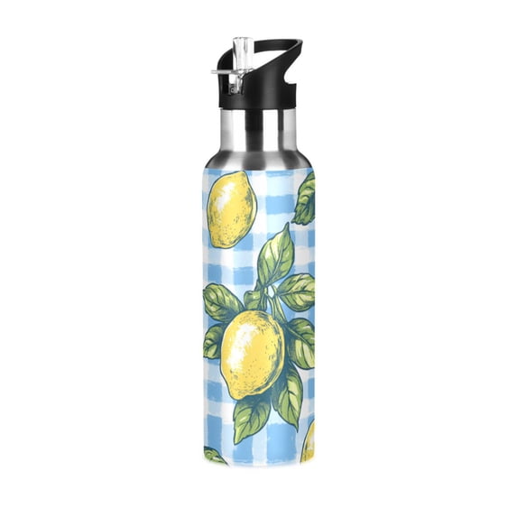 Yayeee 33oz Insulated Water Bottle Double Wall Stainless Steel with Flip Straw Lid, Cartoon Plaid Lemon