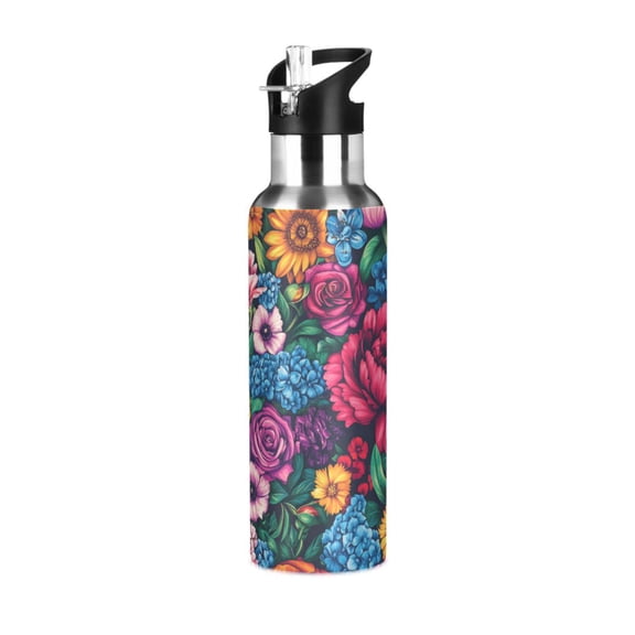 Yayeee 33oz Insulated Water Bottle Double Wall Stainless Steel with Flip Straw Lid, Charming Floral Pattern