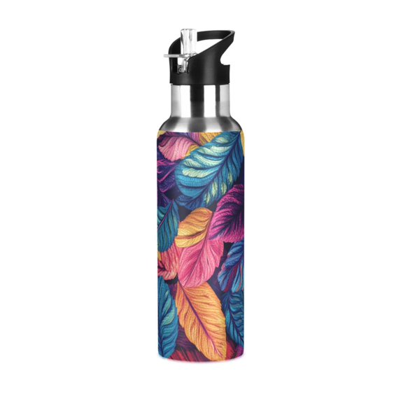 Yayeee 33oz Double Wall Stainless Steel Water Bottle with Flip Straw, Colorful Art Leaves Pattern