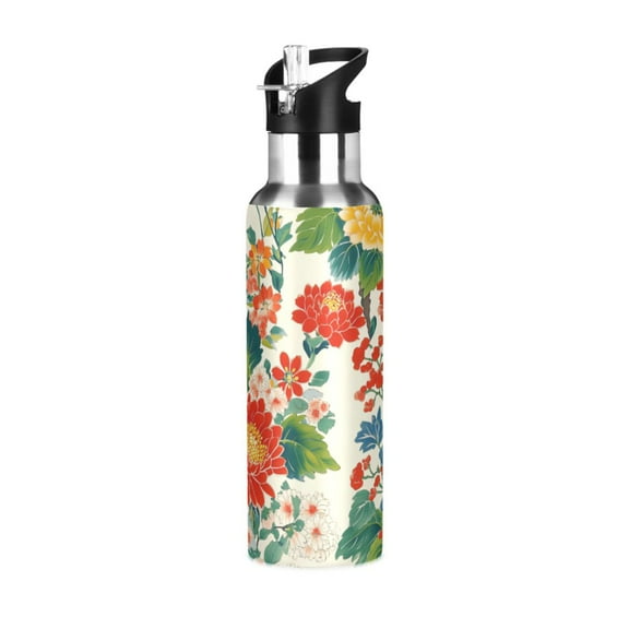 Yayeee 33oz Insulated Water Bottle Double Wall Stainless Steel with Flip Straw Lid, Colorful Flowers Pattern