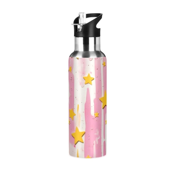 Yayeee 33oz Insulated Water Bottle Double Wall Stainless Steel with Flip Straw Lid, Flat Yellow Stars