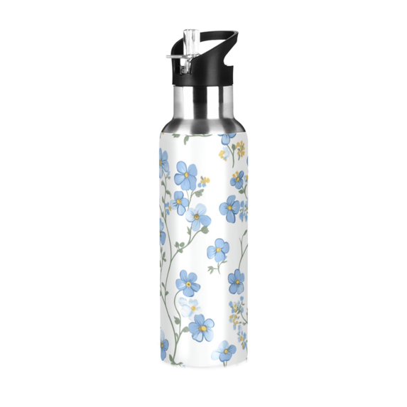Yayeee 33oz Double Wall Stainless Steel Water Bottle with Flip Straw, Forget Me Not