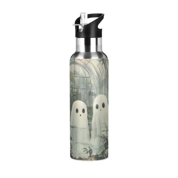 Yayeee 33oz Insulated Water Bottle Double Wall Stainless Steel with Flip Straw Lid, Ghosts Playing in A Garden
