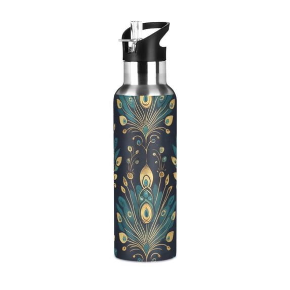 Yayeee 33oz Insulated Water Bottle Double Wall Stainless Steel with Flip Straw Lid, Gold Peacock Pattern