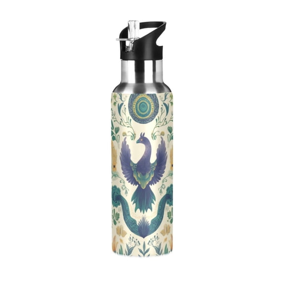 Yayeee 33oz Double Wall Stainless Steel Water Bottle with Flip Straw, Green Animals Pattern