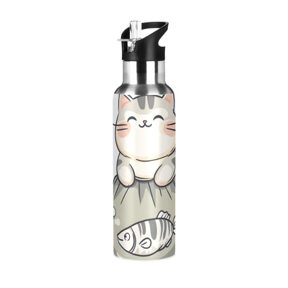 Yayeee 33oz Insulated Water Bottle Double Wall Stainless Steel with Flip Straw Lid, Green Cute Cat