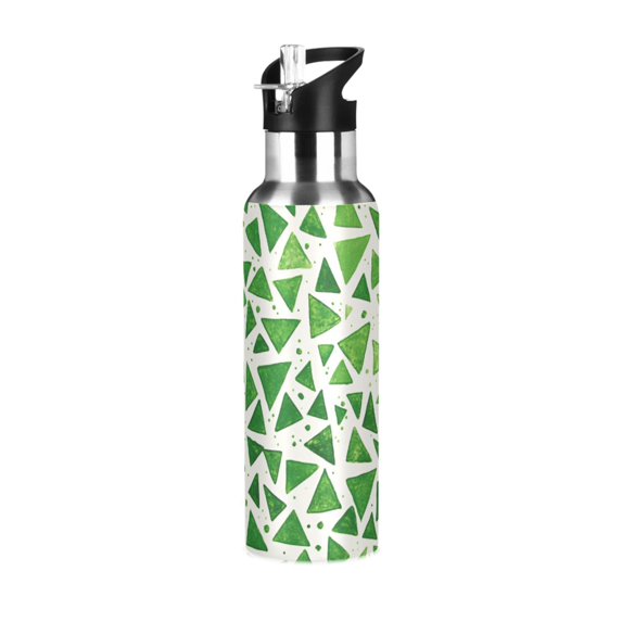 Yayeee 33oz Insulated Water Bottle Double Wall Stainless Steel with Flip Straw Lid, Green Dot Triangles Pattern