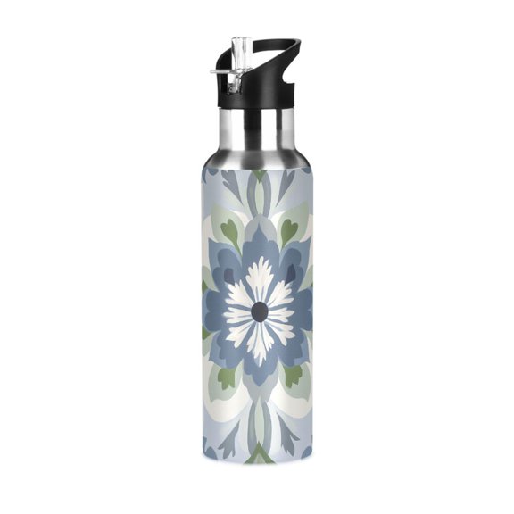 Yayeee 33oz Double Wall Stainless Steel Water Bottle with Flip Straw, Green Floral