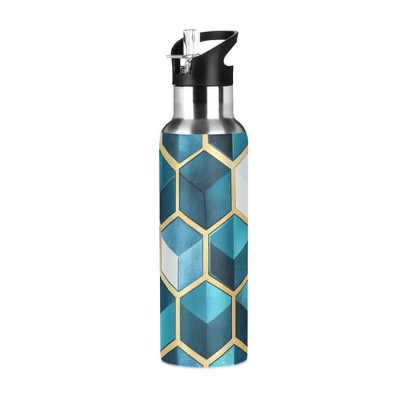 Yayeee 33oz Insulated Water Bottle Double Wall Stainless Steel with Flip Straw Lid, Light Blue Geometric Pattern