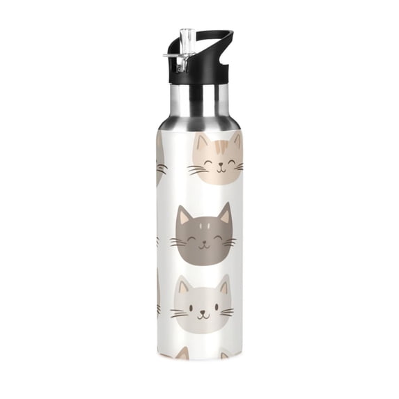 Yayeee 33oz Double Wall Stainless Steel Water Bottle with Flip Straw, Light Gray Cat Pattern