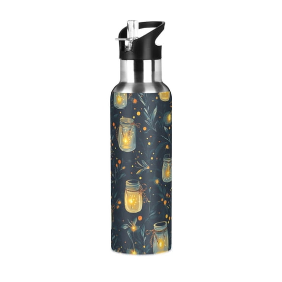 Yayeee 33oz Insulated Water Bottle Double Wall Stainless Steel with Flip Straw Lid, Orange Fireflies Pattern