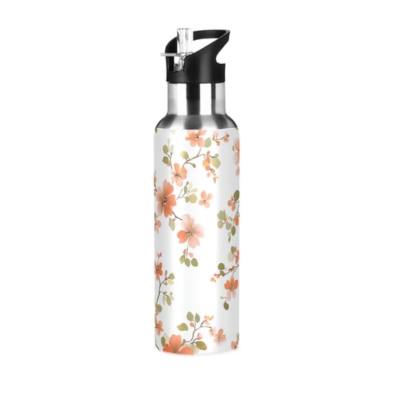 Yayeee 33oz Insulated Water Bottle Double Wall Stainless Steel with Flip Straw Lid, Orange Floral Blooms