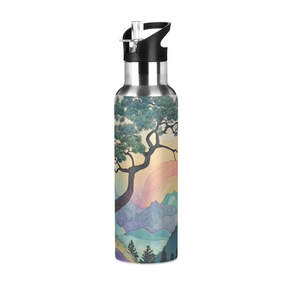 Yayeee 33oz Insulated Water Bottle Double Wall Stainless Steel with Flip Straw Lid, Pine Tree Rainbow
