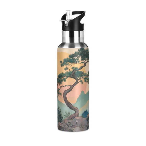Yayeee 33oz Insulated Water Bottle Double Wall Stainless Steel with Flip Straw Lid, Pine Tree at Dawn
