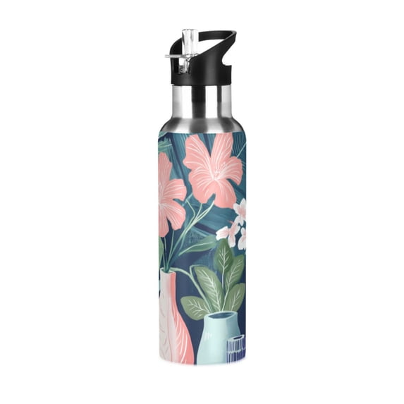Yayeee 33oz Insulated Water Bottle Double Wall Stainless Steel with Flip Straw Lid, Pink Flowers