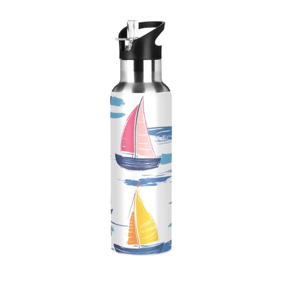 Yayeee 33oz Insulated Water Bottle Double Wall Stainless Steel with Flip Straw Lid, Pink Hand Drawn Sailboats