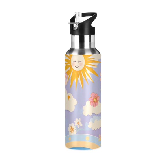 Yayeee 33oz Double Wall Stainless Steel Water Bottle with Flip Straw, Purple Clouds
