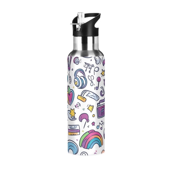 Yayeee 33oz Insulated Water Bottle Double Wall Stainless Steel with Flip Straw Lid, Purple Doodle Pattern