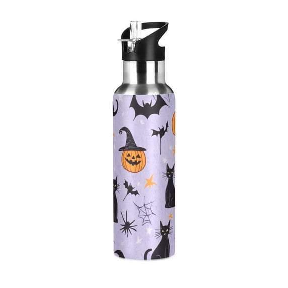 Yayeee 33oz Double Wall Stainless Steel Water Bottle with Flip Straw, Purple Halloween Pumpkin
