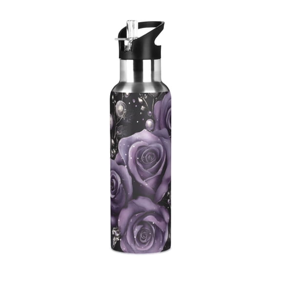 Yayeee 33oz Double Wall Stainless Steel Water Bottle with Flip Straw, Purple Roses
