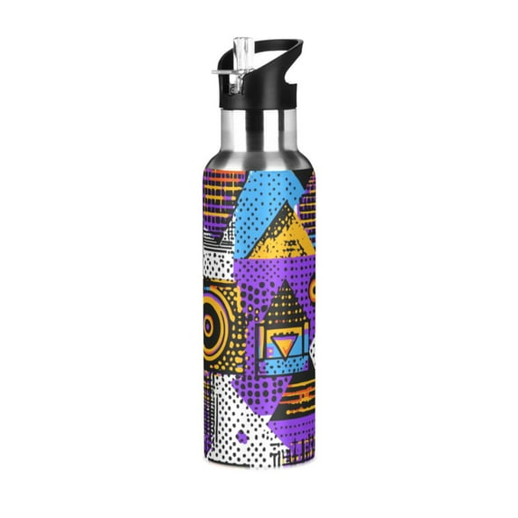 Yayeee 33oz Double Wall Stainless Steel Water Bottle with Flip Straw, Purple Simple Triangles