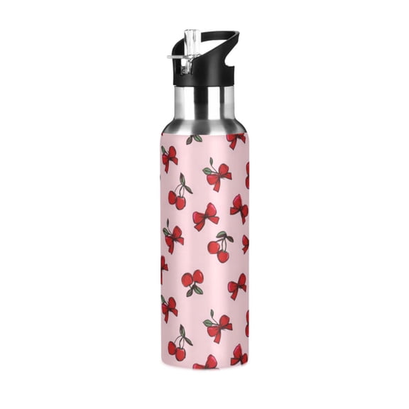 Yayeee 33oz Insulated Water Bottle Double Wall Stainless Steel with Flip Straw Lid, Red Cherry Pattern
