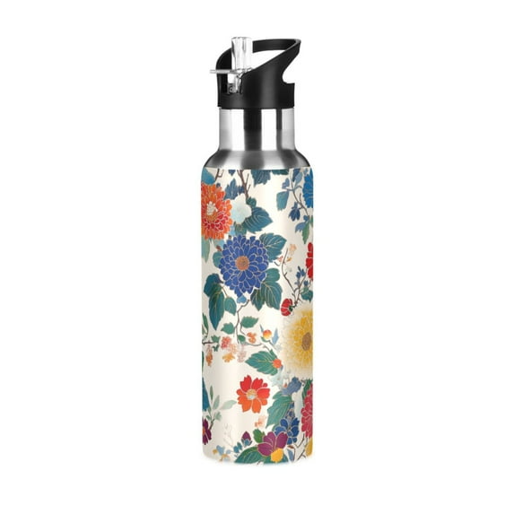 Yayeee 33oz Double Wall Stainless Steel Water Bottle with Flip Straw, Red Japanese Floral Pattern