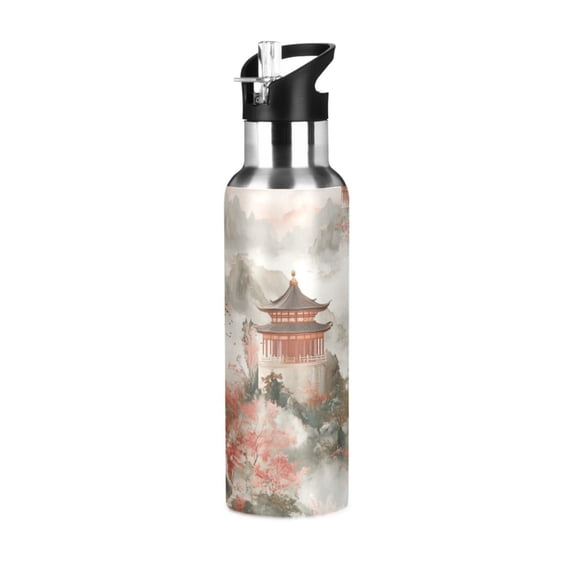 Yayeee 33oz Insulated Water Bottle Double Wall Stainless Steel with Flip Straw Lid, Red Mountain Pattern