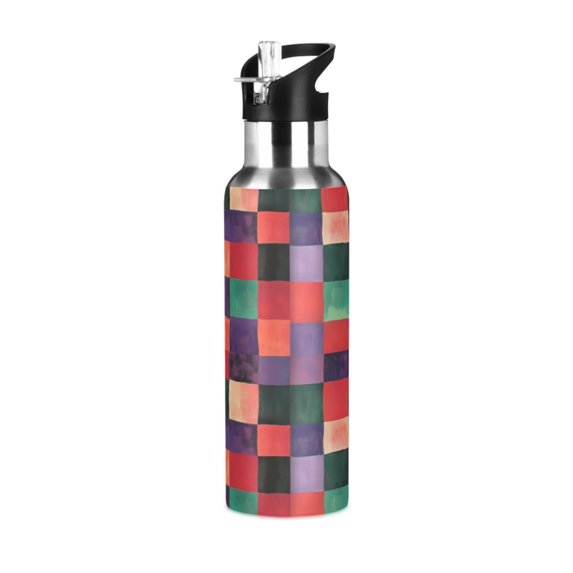 Yayeee 33oz Double Wall Stainless Steel Water Bottle with Flip Straw, Red and Purple Plaid Pattern