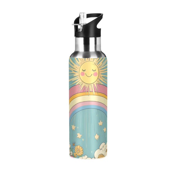 Yayeee 33oz Insulated Water Bottle Double Wall Stainless Steel with Flip Straw Lid, Retro Beige Rainbow