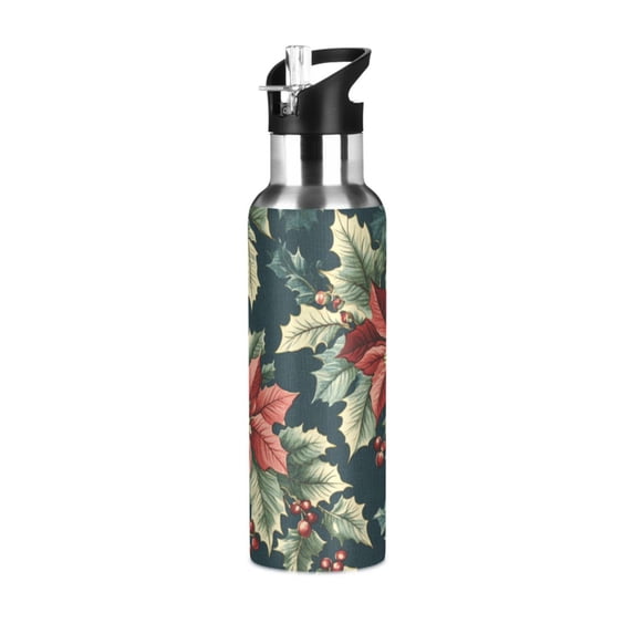 Yayeee 33oz Insulated Water Bottle Double Wall Stainless Steel with Flip Straw Lid, Retro Christmas Poinsettia