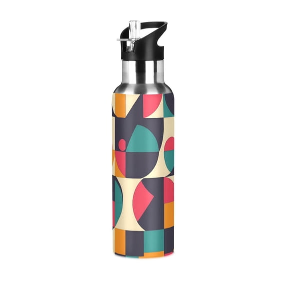 Yayeee 33oz Double Wall Stainless Steel Water Bottle with Flip Straw, Retro Geometric