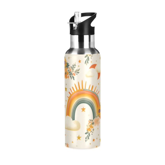Yayeee 33oz Insulated Water Bottle Double Wall Stainless Steel with Flip Straw Lid, Retro Rainbow