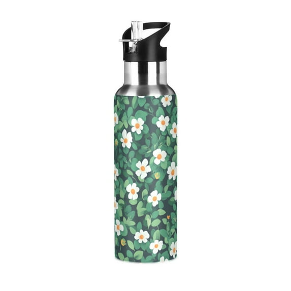 Yayeee 33oz Double Wall Stainless Steel Water Bottle with Flip Straw, Small White Flowers