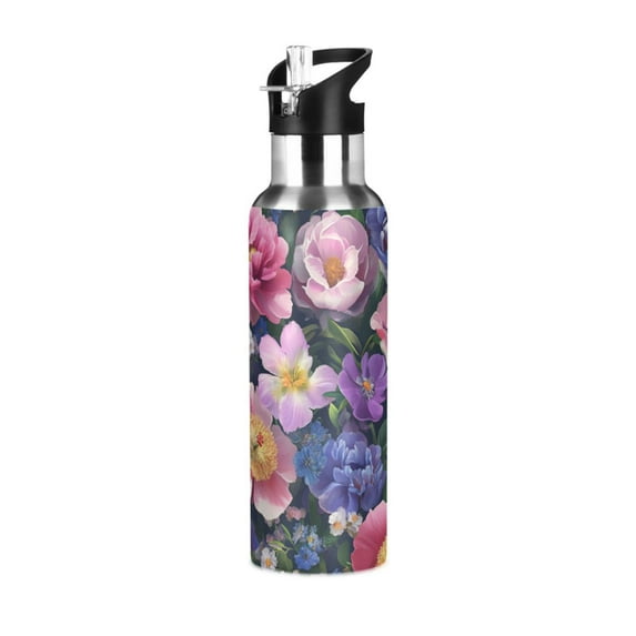 Yayeee 33oz Double Wall Stainless Steel Water Bottle with Flip Straw, Soft Pinks Flowers
