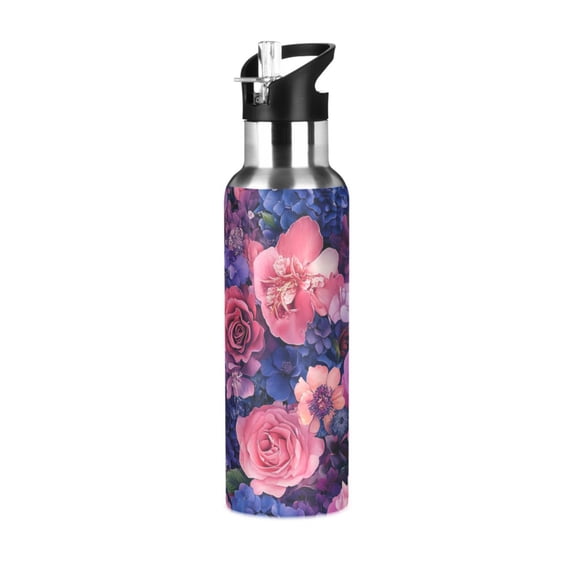 Yayeee 33oz Insulated Water Bottle Double Wall Stainless Steel with Flip Straw Lid, Vibrant Art Flowers